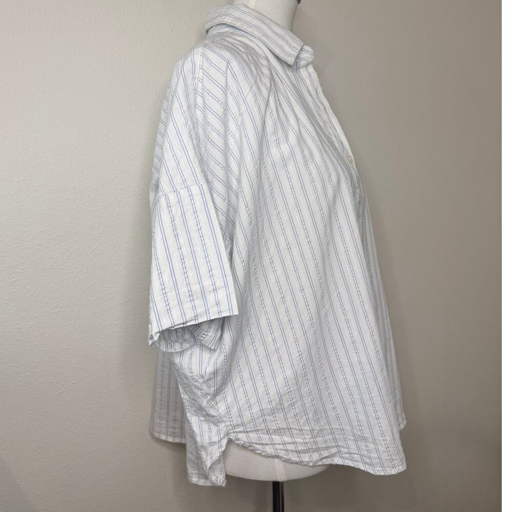 LOFT White Blue Stripe 100% Cotton Oversized Button Front Shirt Women Large - Picture 3 of 8